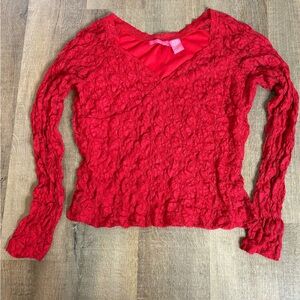 Women's Red V-Neck Long Sleeve Lace-Overlay Top
